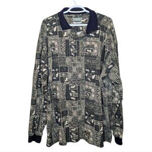 Vintage Northern Elements 90s Wolf Patchwork Fabric Long Sleeve Polo 2XL